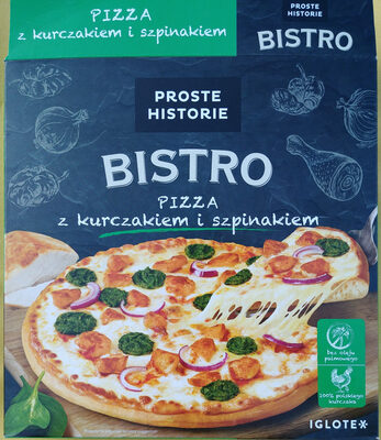 Pizza z mięsem z kurczaka i szpinakiem, na podpieczonym spodzie. Iglotex