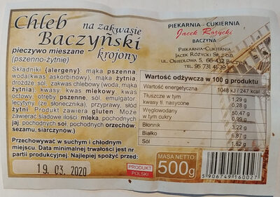 Chleb Baczyński na zakwasie krojony. Piekarnia-cukiernia Jacek Różycki