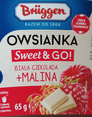 Płatki owsiane z mlekiem w proszku odtłuszczonym, kawałkami białej czekolady i liofilizowanych malin. Brüggen