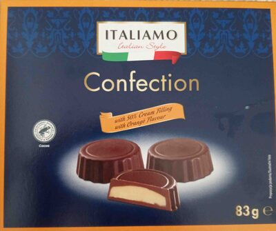 Cukierki z 50% kremowym nadzieniem o smaku pomarańczowym, w polewie o smaku czekoladowym Italiamo